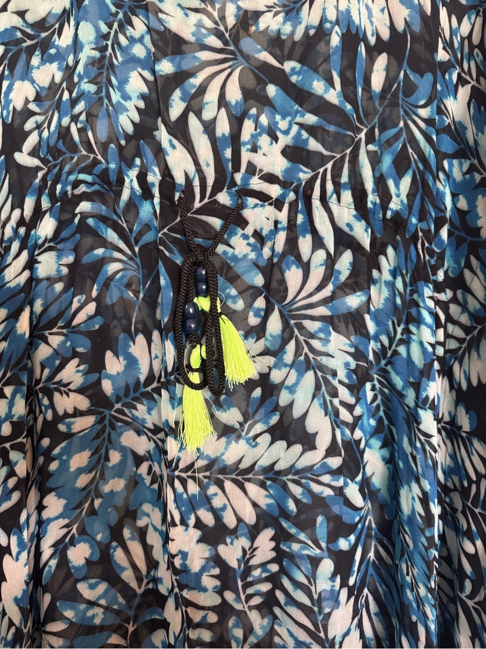 Nicole Miller Blue, White & Black Leaf Print Swim Coverup with Neon Tassels